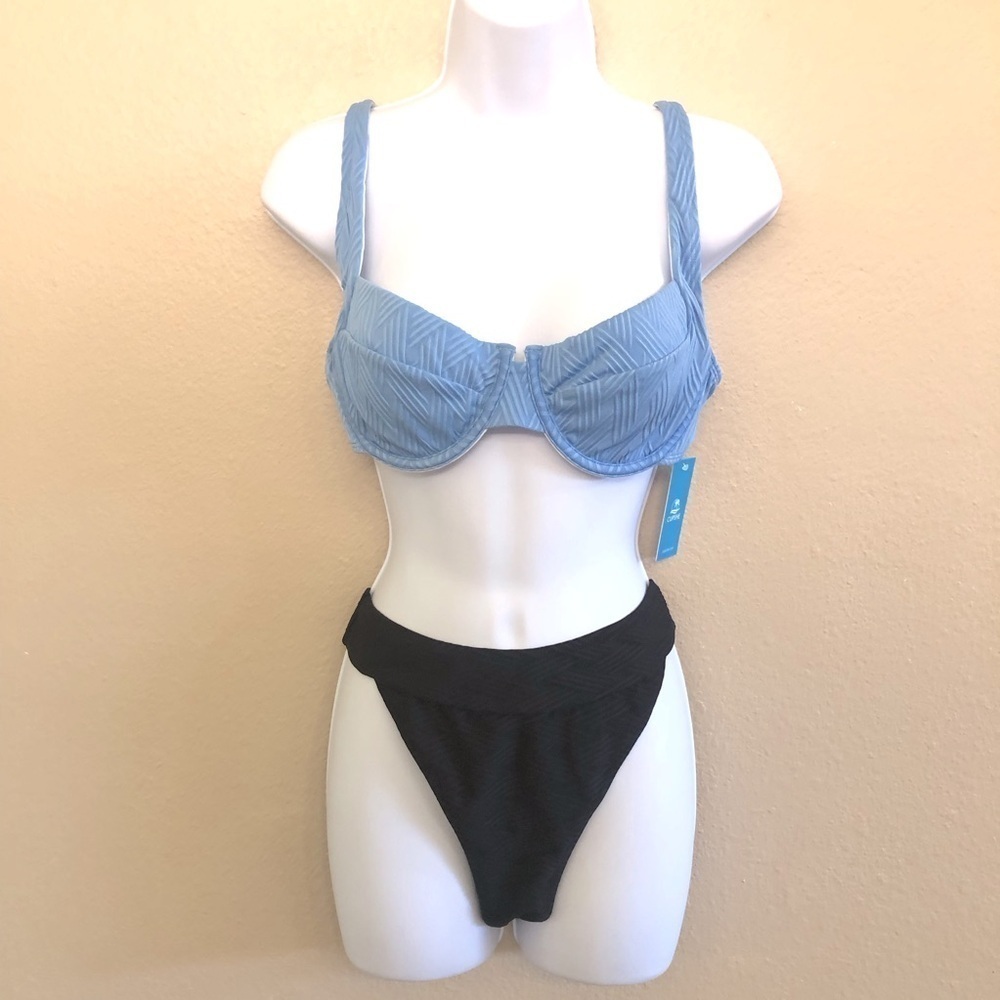 Cups-he Texturized Underwire Light Blue Black High Cut Bikini Set Swimwear SZ M